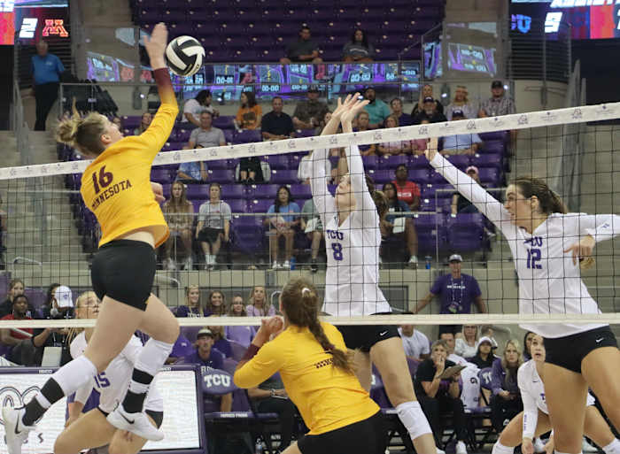 TCU Women's Volleyball in the match versus Minnesota on August 27, 2022